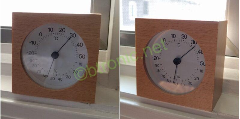 室温計で見た室温差。シェード設置前は32.5℃、設置後は30℃を示している。