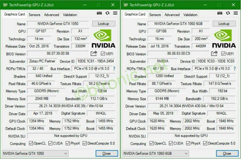 GPU-Zでそれぞれのグラボを確認した結果