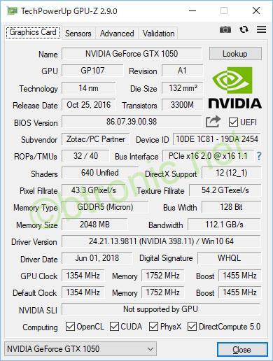 CPU-ZでGeForce GTX 1050の詳細を表示。