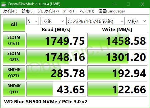 WD Blue SN500 NVMe (PCIe 3.0 x2)のベンチマーク結果。シーケンシャルリードは1749.75MB/s、シーケンシャルライトは1458.58MB/s。