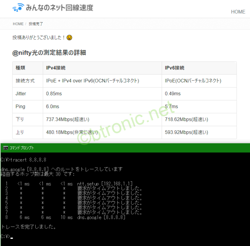 ルーター1台での回線速度測定結果(有線接続)。間にあるルーターが「ntt.setup」(ホームゲートウェイ)のみ。