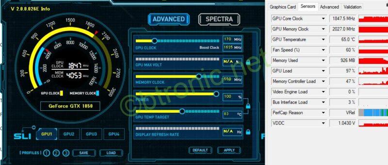 GPUオーバークロックの様子。GPUが+170MHz、メモリが+550MHzが安定稼働の上限でした。