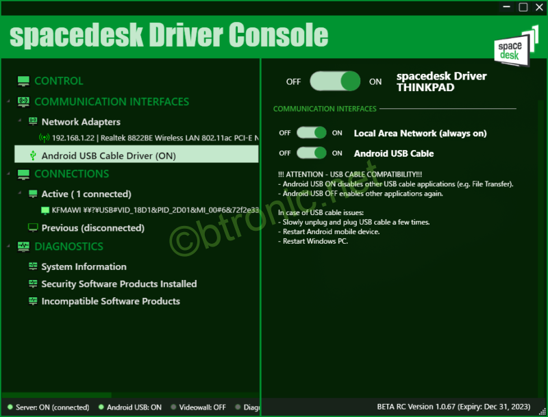 spacedesk Driver ConsoleでUSB接続をONに